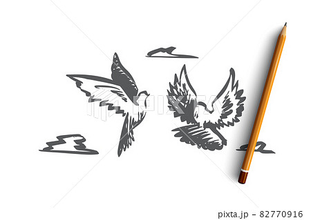 Freedom, peace, couple, flight, birds concept. Hand drawn isolated vector. 82770916