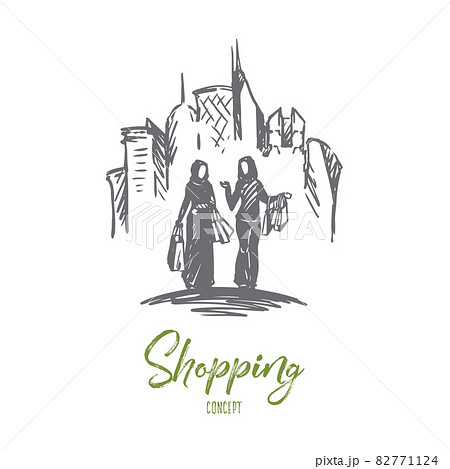Shopping, city, muslim, arab, hijab concept. Hand drawn isolated vector. 82771124
