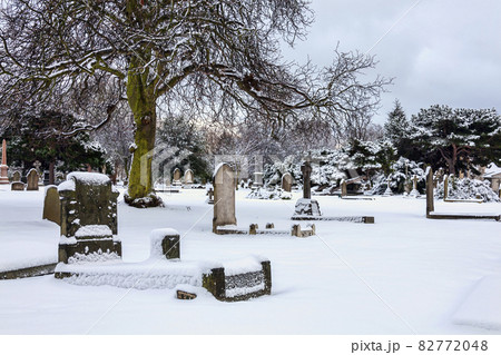 Cemetery winter cityscape with snow 82772048