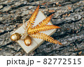 A gift wrapped in craft paper and decorated with dried fern leaves and glass acorns. 82772515