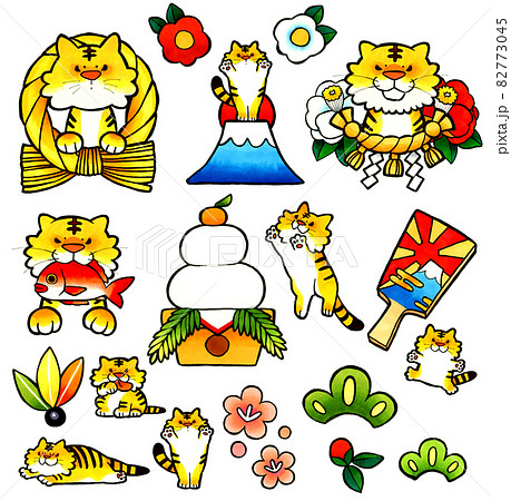 寅年年賀状素材集 かわいい虎と正月モチーフの手描きイラストセット 年賀状、シールにも 寅年年賀状素材集 かわいい虎と正月モチーフの手描きイラストセット 年賀状、シールにも 82773045