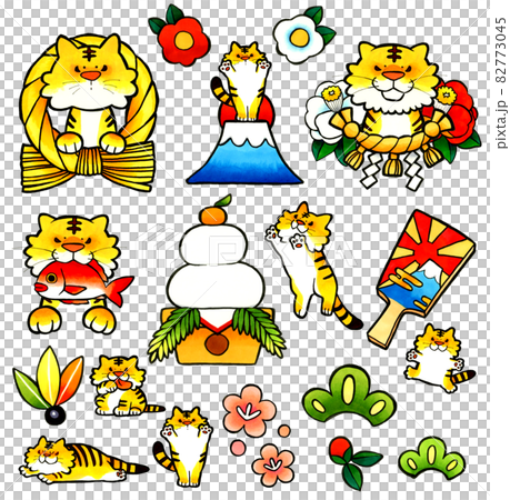 寅年年賀状素材集 かわいい虎と正月モチーフの手描きイラストセット 年賀状 シールにものイラスト素材