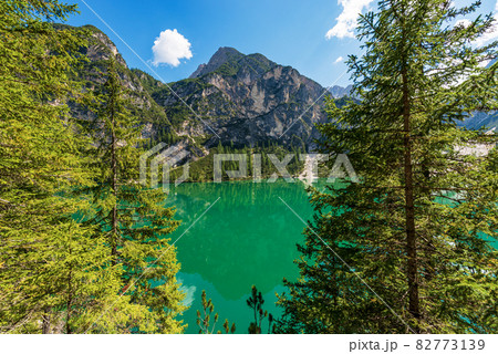 Pragser Wildsee or Lago di Braies and Mountain range of Sasso del Signore - Trentino Italy Pragser Wildsee or Lago di Braies and Mountain range of Sasso del Signore - Trentino Italy 82773139
