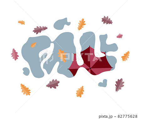 Fall. Lettering composition with letters in the form of a puddle, in which an umbrella is reflected and oak leaves lie. Cozy autumn postcard, poster, banner. Fall. Lettering composition with letters in the form of a puddle, in which an umbrella is reflected and oak leaves lie. Cozy autumn postcard, poster, banner. 82775628