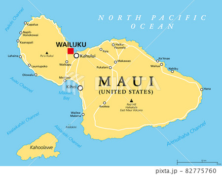 Maui, Hawaii, political map with capital Wailuku. Part of Hawaiian Islands and Hawaii, a state of the United States in the North Pacific Ocean. With unpopulated island Kahoolawe. Illustration. Vector. 82775760