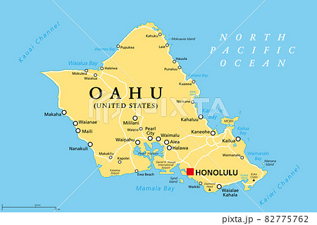 Oahu, Hawaii, political map with capital Honolulu. Part of the Hawaiian Islands and Hawaii, a state of the United States in the North Pacific Ocean. Known as The Gathering Place. Illustration. Vector. Oahu, Hawaii, political map with capital Honolulu. Part of the Hawaiian Islands and Hawaii, a state of the United States in the North Pacific Ocean. Known as The Gathering Place. Illustration. Vector. 82775762