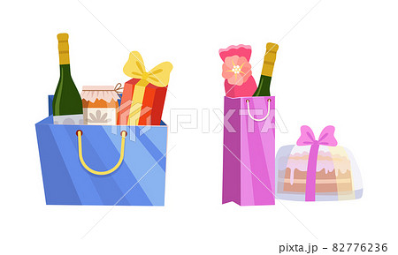 Holiday Present with Paper Bag Full of Gifts for Special Event Vector Set Holiday Present with Paper Bag Full of Gifts for Special Event Vector Set 82776236