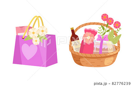 Holiday Present with Paper Bag and Wicker Basket Full of Gifts for Special Event Vector Set 82776239