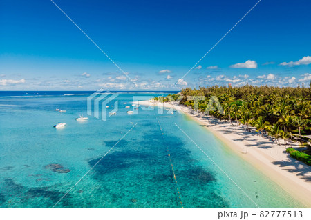 Tropical beach with mountain in Mauritius. Beach with palms and blue ocean. Aerial view 82777513