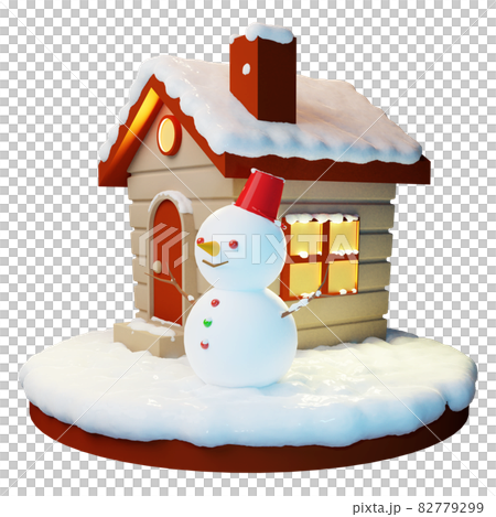 3D素材_ログハウスと雪だるま_透過ver 82779299
