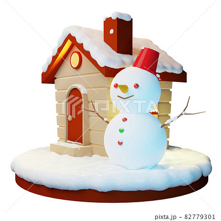 3D素材_ログハウスと雪だるま_透過ver 82779301