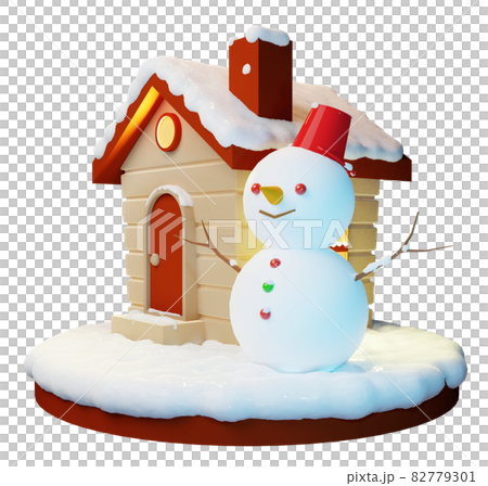 3D素材_ログハウスと雪だるま_透過ver 82779301