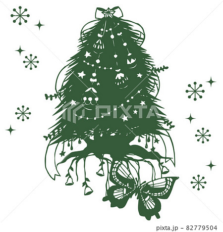 クリスマスツリーと蝶の切り絵イラストのイラスト素材