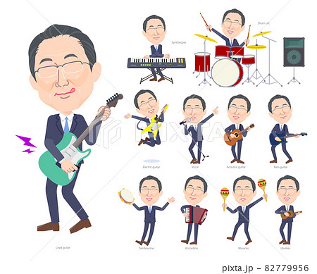 ロックンロールやポップミュージックを演奏する眼鏡をかけた壮年男性のセット 82779956