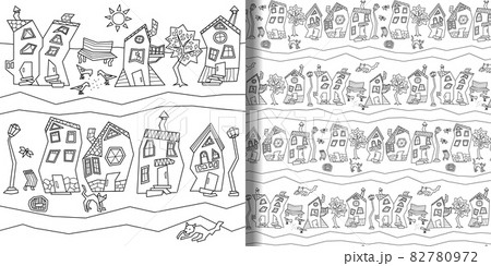 Print and seamless pattern set with abstract fantasy town street 82780972