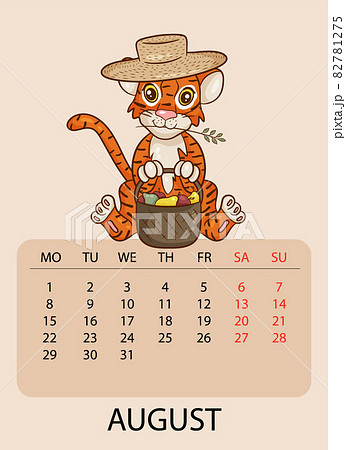 Calendar design template for August 2022, the year of the tiger according to the Chinese calendar, with an illustration of tiger with basket of apples and pears. Table with a calendar for August 2022. 82781275