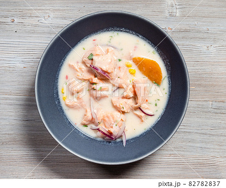 top view of Salmon ceviche in Leche de Tigre sauce 82782837