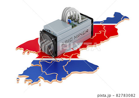 Mining in North Korea, concept. ASIC miner with North Korean map. 3D rendering 82783082
