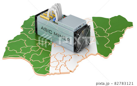 Mining in Nigeria, concept. ASIC miner with Nigerian map. 3D rendering 82783121