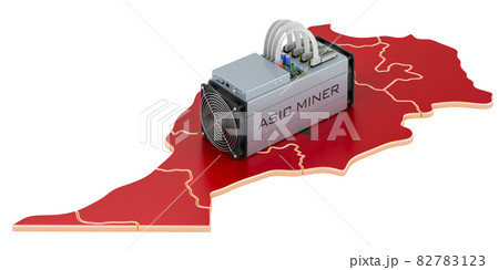 Mining in Morocco, concept. ASIC miner with Moroccan map. 3D rendering 82783123