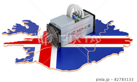 Mining in Iceland, concept. ASIC miner with Icelandic map. 3D rendering Mining in Iceland, concept. ASIC miner with Icelandic map. 3D rendering 82783133