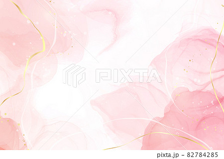 Pastel rose pink liquid watercolor background with golden cracks. Blush marble alcohol ink drawing effect. Vector illustration design template for wedding invitation, menu, rsvp 82784285