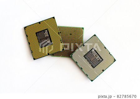 cpu microchip computer gold side on white isolated background cpu microchip computer gold side on white isolated background 82785670