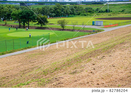 荒川土手　ゴルフ場　さきたま大橋　朝霞水門付近の景色　　　 82786204