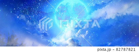 夜空に輝く星々と漂う雲と青く輝く満月と西洋の古城のイラスト 82787821