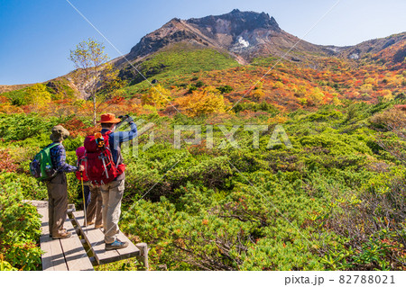 （栃木県）那須岳・紅葉の姥ヶ平から見上げる、茶臼岳山頂 82788021