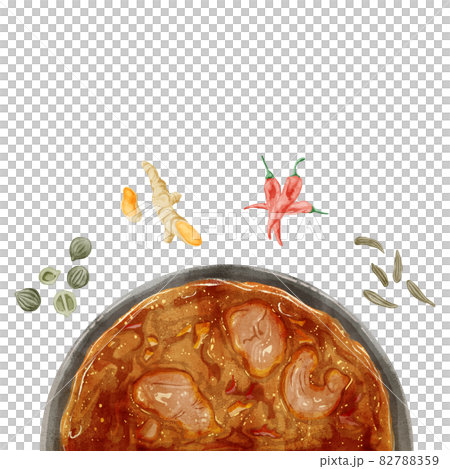 4種香料咖哩和香料的手寫水彩風格插圖 82788359
