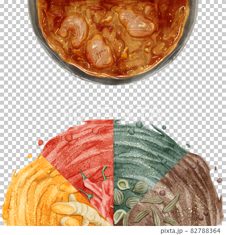 4種香料咖哩和香料的手寫水彩風格插圖 82788364