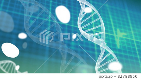 Digitally generated image of multiple dna structures against heart rate monitor on blue background 82788950