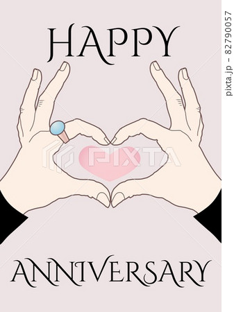 Happy anniversary text with illustration of hands around pink heart on cream background 82790057