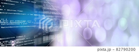 Computer code processing against black and purple background, program coding and technology concept 82790200