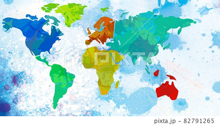 Composition of multi coloured world map over blue ink splodges on white background 82791265