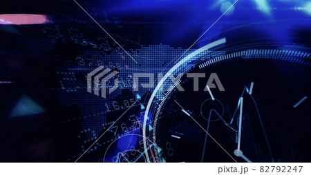 Round scanner and stock market data processing over world map on blue background Round scanner and stock market data processing over world map on blue background 82792247
