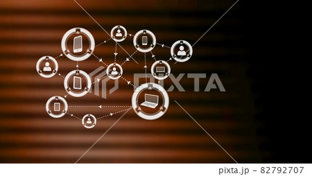 Composition of network of business icons over world map on striped background 82792707