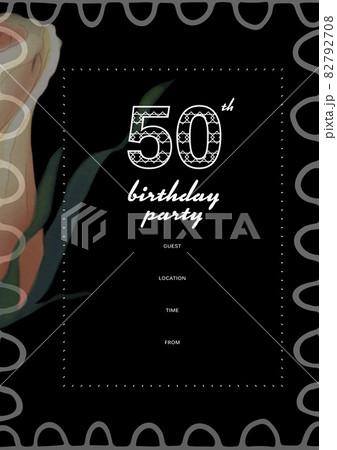 Composition of 50th birthday party text with copy space and floral pattern on black background 82792708