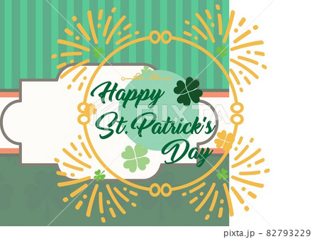 Composition of happy st patrick's day text in yellow frame with clover on green stripes 82793229
