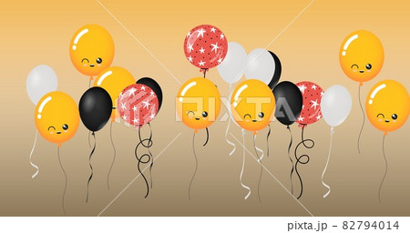 Composition of multiple red, black and white, yellow balloons with faces on yellow background 82794014