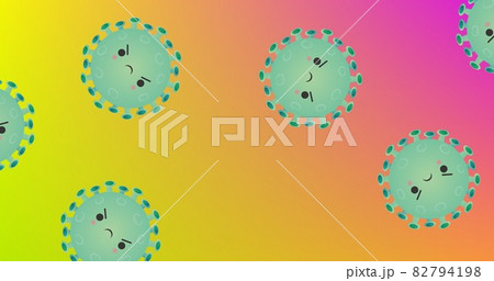 Composition of green covid 19 cells icons with eyes on pink to yellow background Composition of green covid 19 cells icons with eyes on pink to yellow background 82794198
