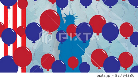 Composition of american flag stripes and red and blue balloons over statue of liberty 82794336