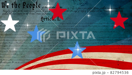 Composition of stars and stripes of american flag over american constitution text on blue background 82794536