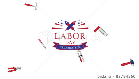 Composition of labour day celebration text with tools and american flag on white background 82794560