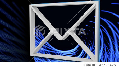 Composition of 3d white envelope email icon and blue light trails on black background 82794625