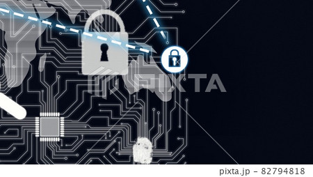 Composition of online security padlock icons over world map and computer circuit board Composition of online security padlock icons over world map and computer circuit board 82794818