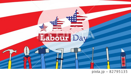 Happy labor day text and multiple tools against american flag design background Happy labor day text and multiple tools against american flag design background 82795135
