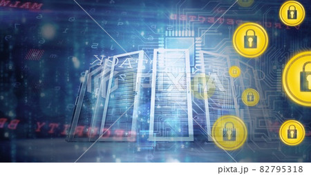 Composition of online security padlock icons over cyber attack text and computer servers 82795318
