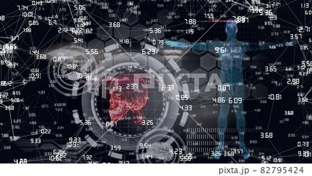 Compostion of network of connections over virtual screen with medical icons 82795424